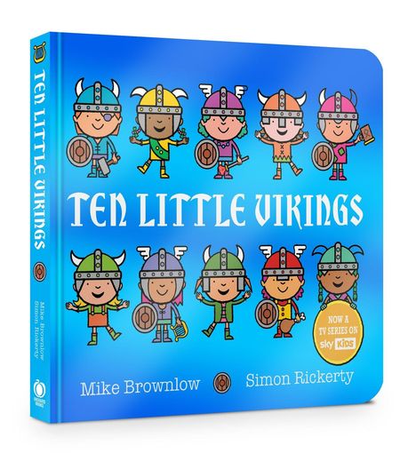 "Ten Little Vikings" in großer, weißer Schrift auf blauem Hintergrund. Niedliche Wikinger-Illustrationen darunter.