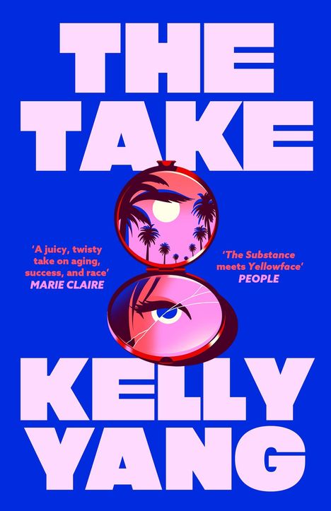 Text: „THE TAKE, KELLY YANG.“ Illustration: Ein aufrechter Spiegel zeigt Palmen bei Sonnenuntergang.