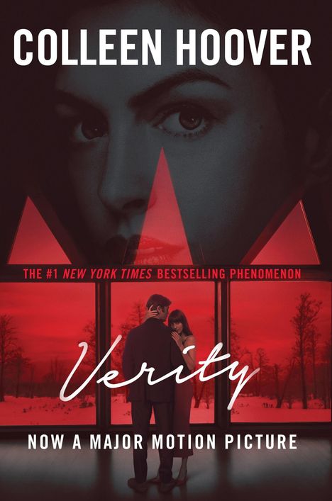 "Colleen Hoover, Verity, now a major motion picture" in Weiß auf rotem Hintergrund mit Paar im Vordergrund.