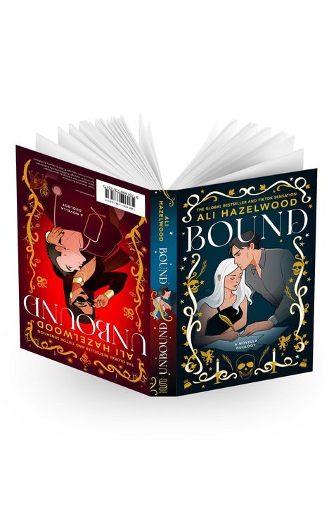 "Bound" und "Unbound" von Ali Hazelwood, mit Illustrationen zweier Paare in romantischen Szenen, aufwendig verziert.