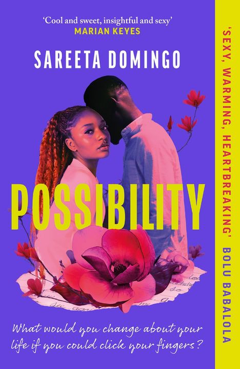 „Sexy, warming, heartbreaking“ - Bolu Babalola. Paar, Blumen, lilafarbener Hintergrund.