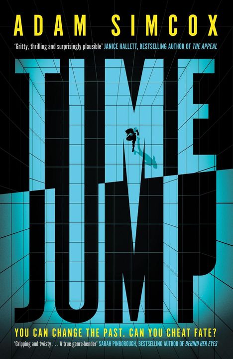 „TIM JUMP“ in großen blauen Buchstaben, mit einer Figur, die zwischen den Buchstaben läuft.