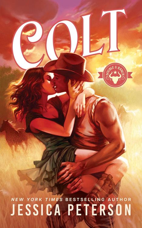 "COLT" und "JESSICA PETERSON". Illustration: Paar umarmt sich leidenschaftlich vor Sonnenuntergang, Frau in Kleid, Mann mit Cowboyhut.