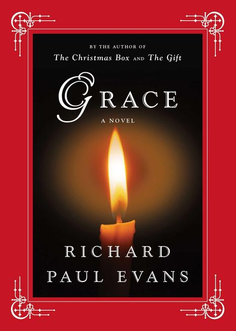 "Grace: A Novel" von Richard Paul Evans, Kerze leuchtet in der Mitte, roter Rand mit dekorativen Ecken.