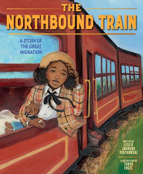„The Northbound Train“, „A Story of the Great Migration“. Kind schaut mit Puppe aus einem roten Zugfenster.