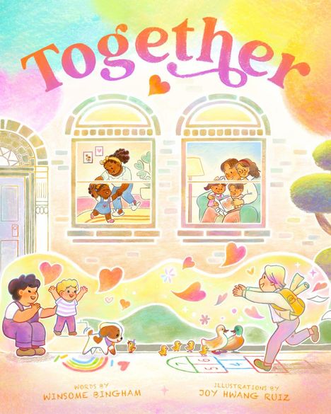 "Together" in bunten Buchstaben. Darunter fröhliche Szenen: Menschen, Kinder, Enten und Herzen in lebhaften Farben.