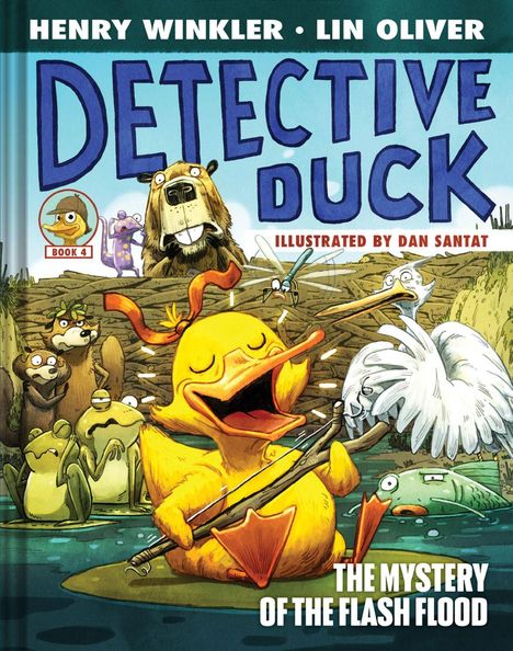 "Detective Duck: The Mystery of the Flash Flood" ist der Titel. Eine Ente spielt Geige, umgeben von Tieren in einem Teich.