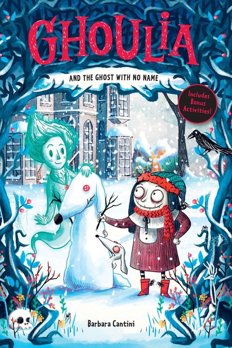 Titel: GHOULIA AND THE GHOST WITH NO NAME. Illustration: Kind mit Geisterfreund im Schnee, bunte, verspielte Szene.