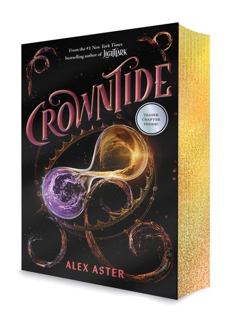 "Crowntide" von Alex Aster, Teaser-Kapitel innen. Ein golden und lila leuchtendes Symbol auf schwarzem Hintergrund.