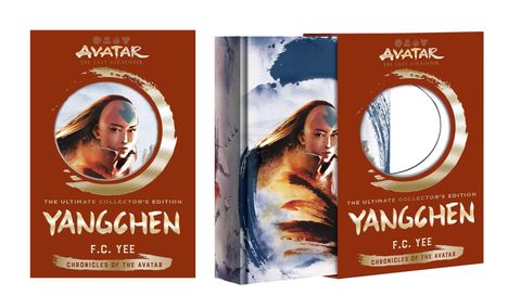 "Avatar: The Last Airbender", "The Ultimate Collector’s Edition", "Yangchen", "F.C. Yee", "Chronicles of the Avatar". Buch-Cover, Person mit Glatze und Pfeil auf der Stirn, Wasserfarbenstil.