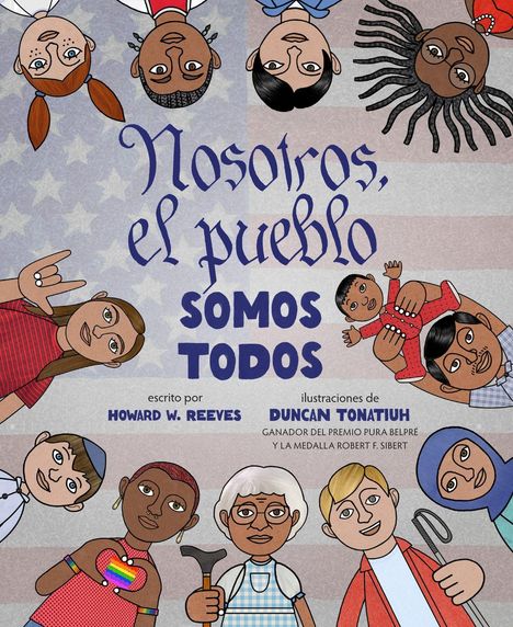 "Nosotros, el pueblo, SOMOS TODOS." Kinder in verschiedenen Positionen, als bunte Illustration.
