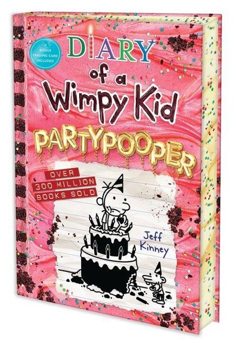 "Diary of a Wimpy Kid: Partypooper" steht auf einem pinken, tortenähnlichen Hintergrund mit Konfetti. Illustration: Junge auf Torte.