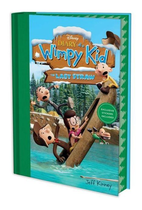 „Diary of a Wimpy Kid: The Last Straw“. Illustration: Kinder auf einem Kanu im Wasser, exklusiver Aufkleber inklusive.