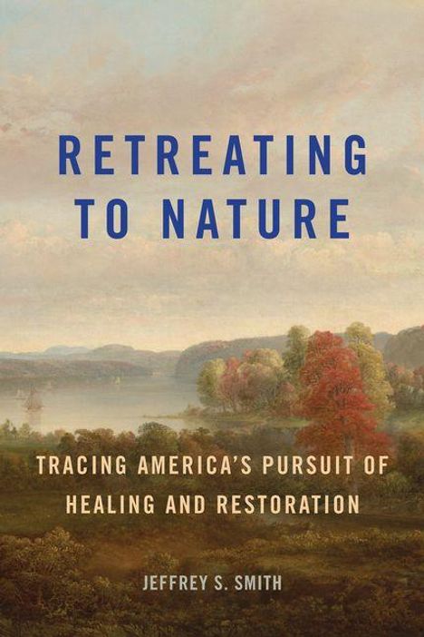 "RETREATING TO NATURE" in blauer Schrift oben. Darunter eine Landschaftsmalerei mit Bäumen und einem See in sanften Farben.