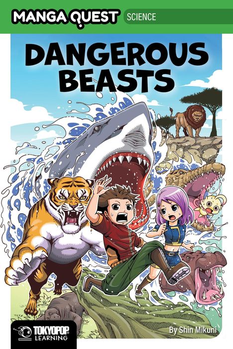 "MANGA QUEST SCIENCE", "DANGEROUS BEASTS". Illustration: Tiere, zwei Kinder, Hai, Tiger, Löwe, Krokodil, voller Bewegung.