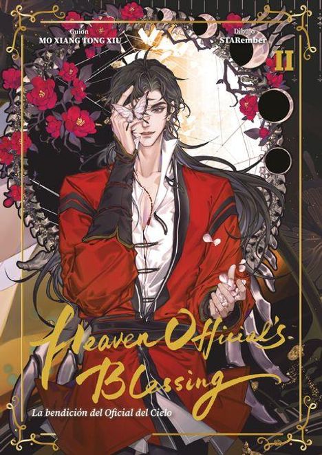 "Heaven Official's Blessing" steht in geschwungener Schrift. Ein Mann in rotem Gewand, umgeben von Blumen und goldenen Akzenten.