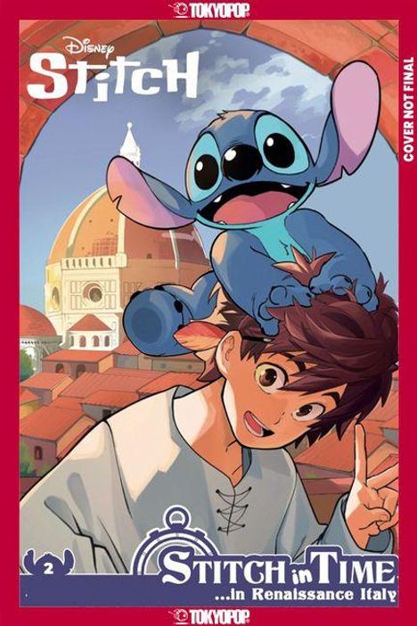 "STITCH in TIME... In Renaissance Italy" steht unten. Ein Junge und Stitch, ein blaues Wesen, vor einer italienischen Domkulisse.