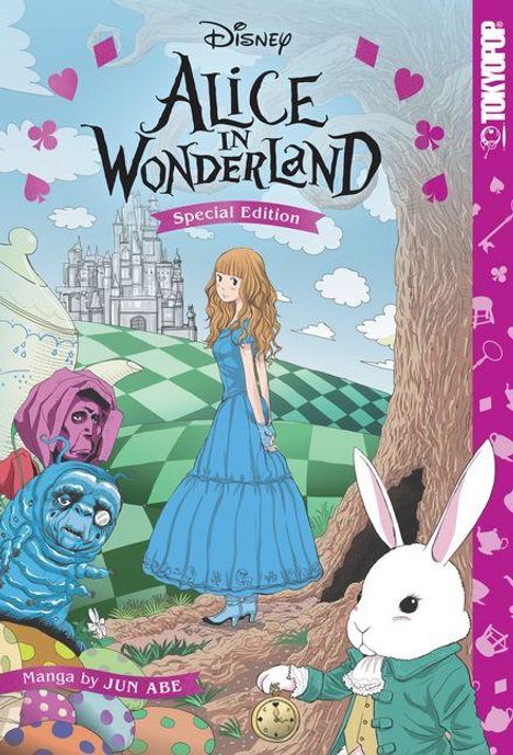 Text: "Alice in Wonderland, Special Edition, Manga by Jun Abe." Eine Illustration mit Alice, dem weißen Kaninchen und anderen Figuren.