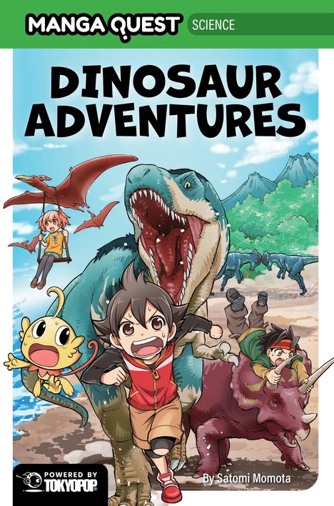 Titel: Dinosaur Adventures. Ein Junge rennt vor einem brüllenden Dinosaurier weg, umgeben von weiteren Dinosauriern.
