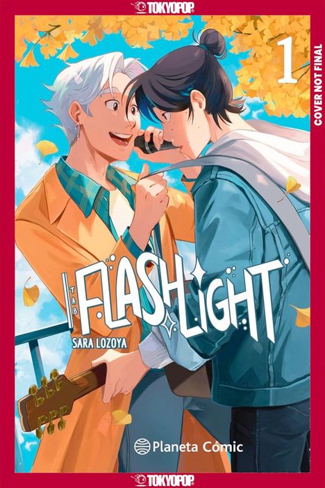 Oben Text: "TOKYOPOP". Titel: "TAB FLASHLIGHT" von Sara Lozoya. Zwei Personen, eine hält eine Gitarre, mit gelben Blättern.