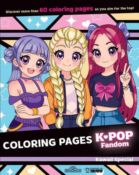 "Discover more than 60 coloring pages. Coloring Pages K-Pop Fandom. Kawaii Special. Drei Anime-Mädchen mit bunten Haaren lächeln."