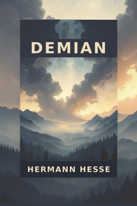"Demian" und "Hermann Hesse" in Großbuchstaben; Illustration: Berge im Nebel, dramatischer Himmel.