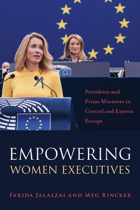 "Empowering Women Executives," mit zwei Frauen hinter Rednerpulten vor einer blauen Wand mit gelben Sternen.
