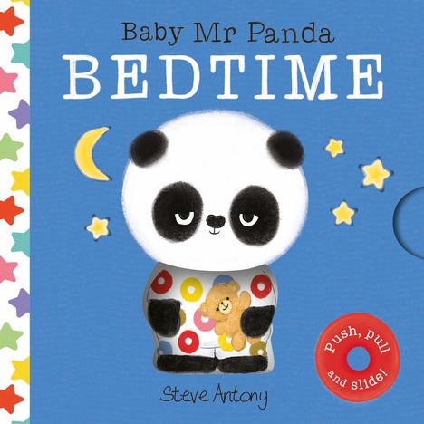 "Baby Mr Panda BEDTIME" steht oben, "Push, pull and slide!" auf rotem Kreis. Ein Panda mit Pyjama, Teddybär, Mond und Sterne.