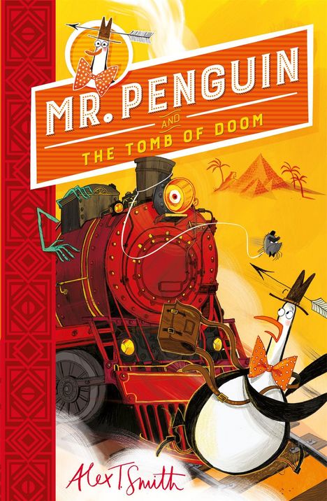 "MR. PENGUIN AND THE TOMB OF DOOM" steht oben. Eine rote Lokomotive fährt, verfolgt von einem Pinguin mit Hut und Fliege.