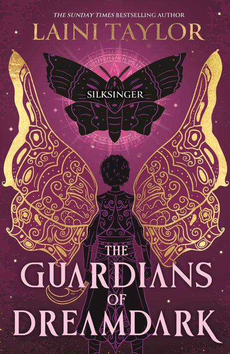 Titel: "THE GUARDIANS OF DREAMDARK". Illustration mit goldenen Flügeln und schwarzem Schmetterling auf violettem Hintergrund.