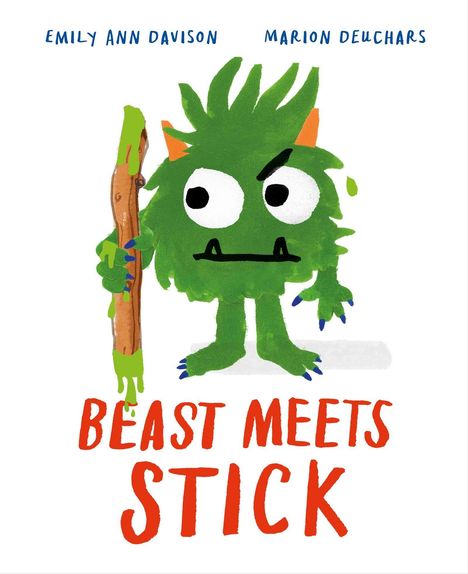 "BEAST MEETS STICK," Illustration eines grünen Monsters mit einem Stock, zwei spitzen Zähnen und hervorstehenden Augen.