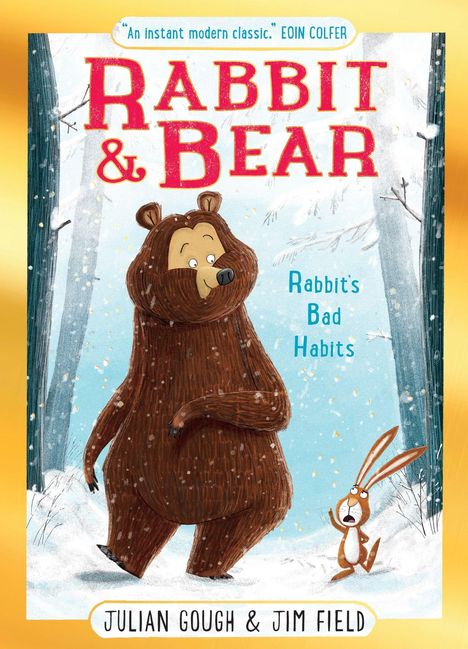 „Rabbit & Bear: Rabbit's Bad Habits“ steht groß geschrieben. Illustration von einem Bären im Schnee mit einem erschrockenen Hasen.
