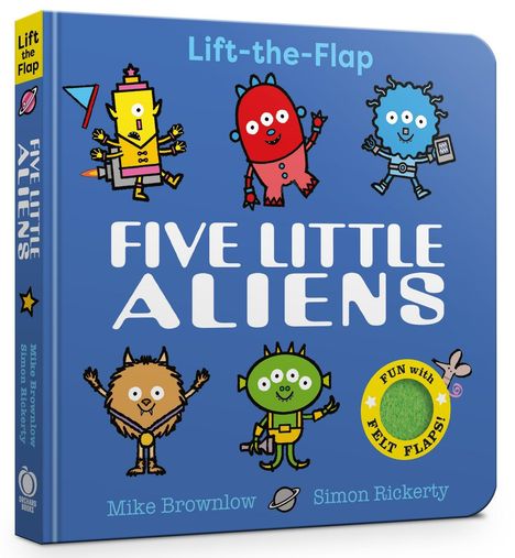 "Five Little Aliens", bunte Alien-Illustrationen auf blauem Hintergrund, "Lift-the-Flap" und "Fun with Felt Flaps!" erwähnt.