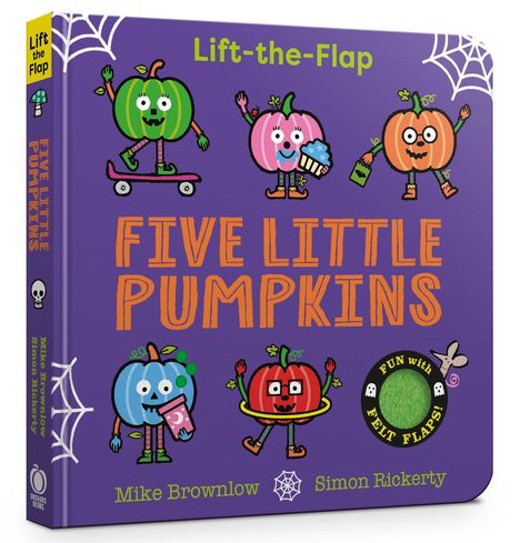 Text: "Lift-the-Flap", "FIVE LITTLE PUMPKINS", "FUN with FELT FLAPS!". Illustration von fröhlichen Kürbissen mit Gegenständen.