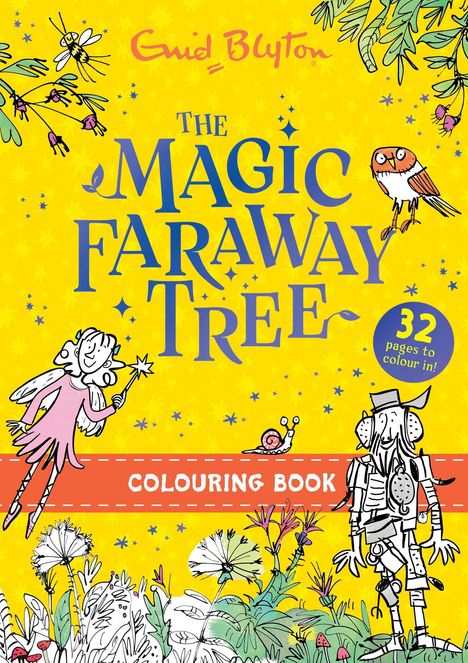 Text: "The Magic Faraway Tree", "32 pages to colour in!", "COLOURING BOOK". Illustration mit Märchenfiguren, Pflanzen und Tieren auf gelbem Hintergrund.