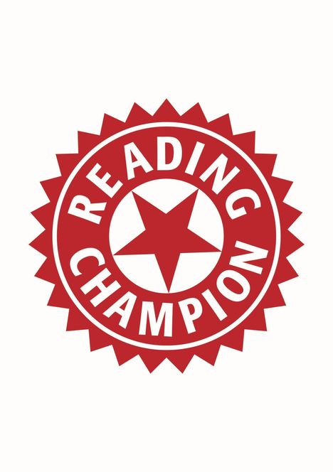 "READING CHAMPION" in roten Buchstaben in einem gezackten roten Kreis mit einem roten Stern in der Mitte.