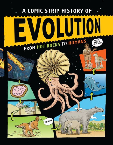 Comic-Titel: "A Comic Strip History of Evolution". Inhalte: Urmensch, Wolf, Dinosaurier, Tintenfisch, Delfin, Elefant.