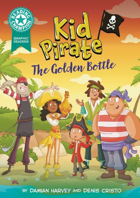 „Kid Pirate: The Golden Bottle“, fünf Piraten in bunter Kleidung stehen auf einer Insel unter Palmen.