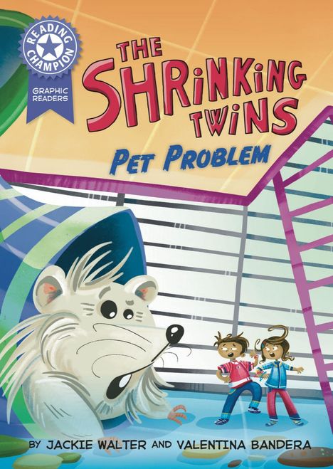 "The Shrinking Twins: Pet Problem." Zwei Kinder und ein riesiger Hamster in einem farbenfrohen Raum in einer Illustration.
