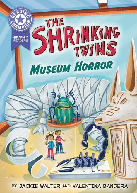 "THE SHRINKING TWINS: Museum Horror" zeigt Kinder in einem Museum mit riesigen Skorpionen und einer ägyptischen Statue.
