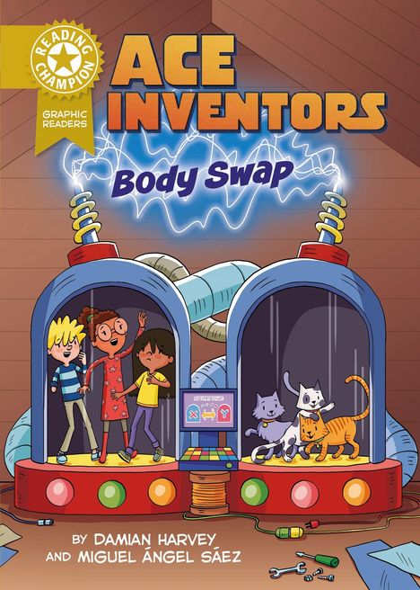 Text: "ACE INVENTORS: Body Swap", "Reading Champion", "Graphic Readers". Illustration: Kinder und Katzen in futuristischen Kapseln.