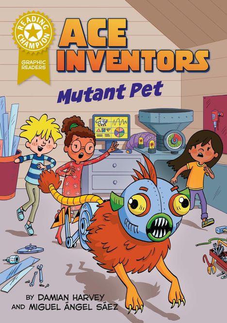 "Ace Inventors: Mutant Pet" zeigt Kinder mit einem bunten, ungewöhnlichen Tier in einer Werkstatt.