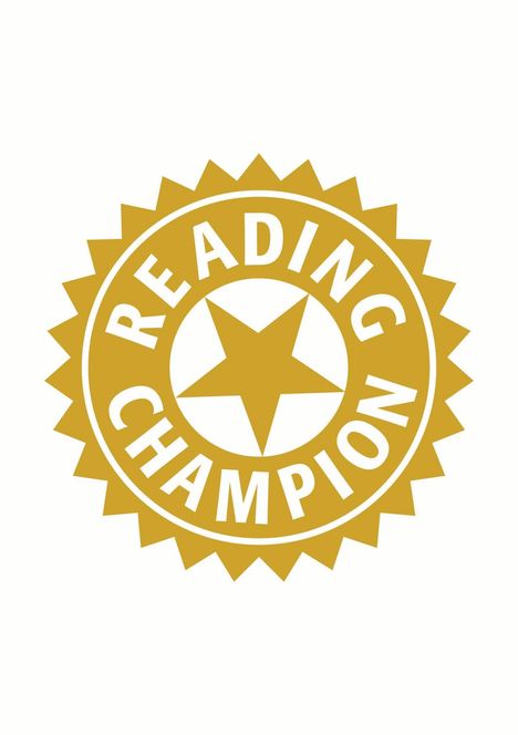 „READING CHAMPION“ in einem goldenen, sternförmigen Siegel.