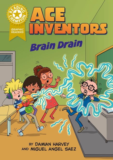 "Ace Inventors", "Brain Drain"; Kinder mit Gerät und Strahlen auf Mann, im Klassenzimmer. Illustration.