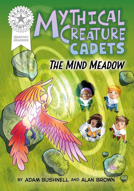 „Mythical Creature Cadets“, „The Mind Meadow“. Ein bunter Vogel und vier Kinder schauen beeindruckt zu ihm auf.