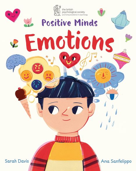 "Positive Minds: Emotions". Illustration eines Kindes mit symbolischen Emotionen wie Herzen, Wolken und Sonnen.