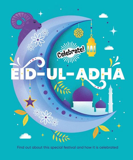 "EID-UL-ADHA, Celebrate!" Auf blauem Hintergrund ein Halbmond mit Moschee, gelber Laterne und violettem Widderkopf.