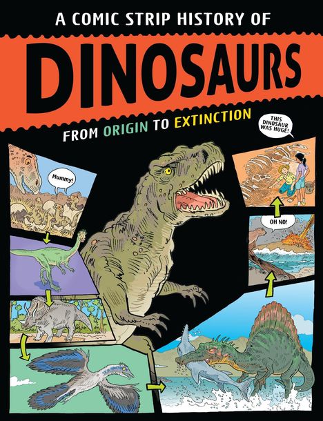 Comic über Dinosaurier von Ursprung bis Auslöschung. Darstellungen von Dinosauriern in verschiedenen Szenen.