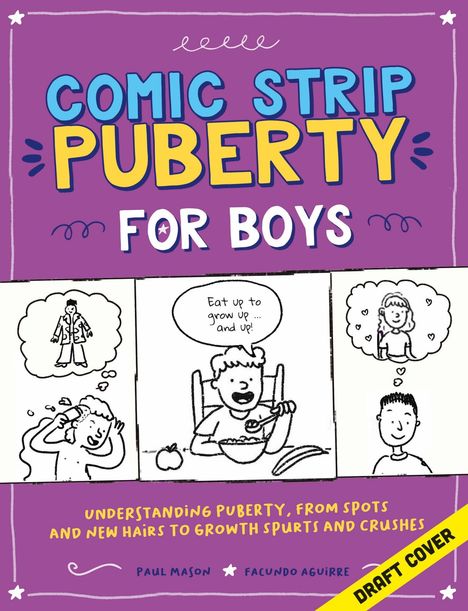 Entwurf eines Buchcovers: "Comic Strip Puberty for Boys". Illustrationen zeigen Jungs, die über Pubertät nachdenken.