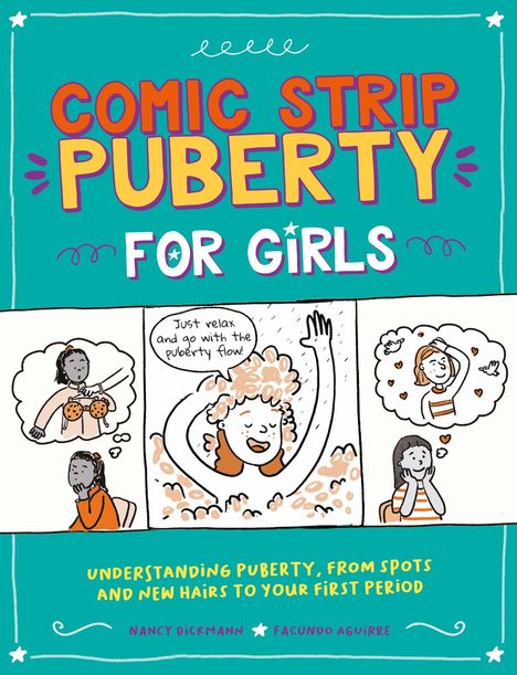 Buchtitel: "Comic Strip Puberty for Girls". Drei Illustrationen von Mädchen, umgeben von Gedankenblasen.